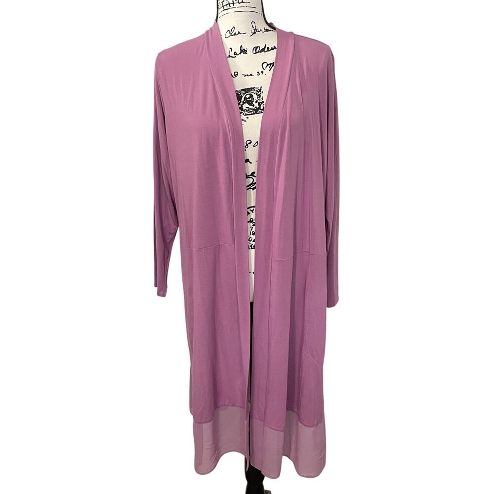 LOGO Lori Goldstein Waterfall Long Line Duster Cardigan Lavender Purple 1XP NWT